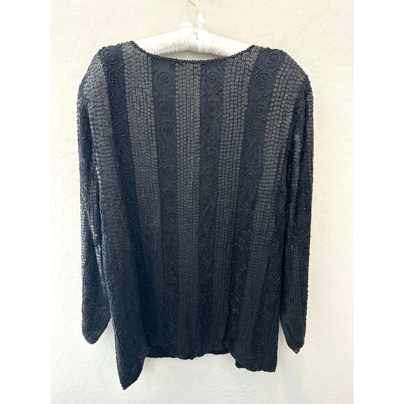🆕 JEWEL QUEEN | Vintage Black 100% Silk Sequin Beaded Heavyweight Cardigan | XL - Picture 5 of 7